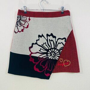 DESIGUAL Monica Faux Wrap Skirt Size 38 US 6 Floral‎ Orange Black Wool Blend Y2K